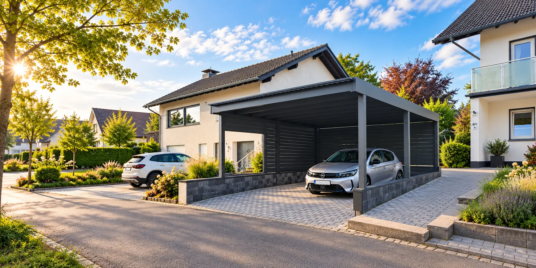 Anthrazitfarbenes Carport mit dunkler Rückwand an einem Wohnhaus