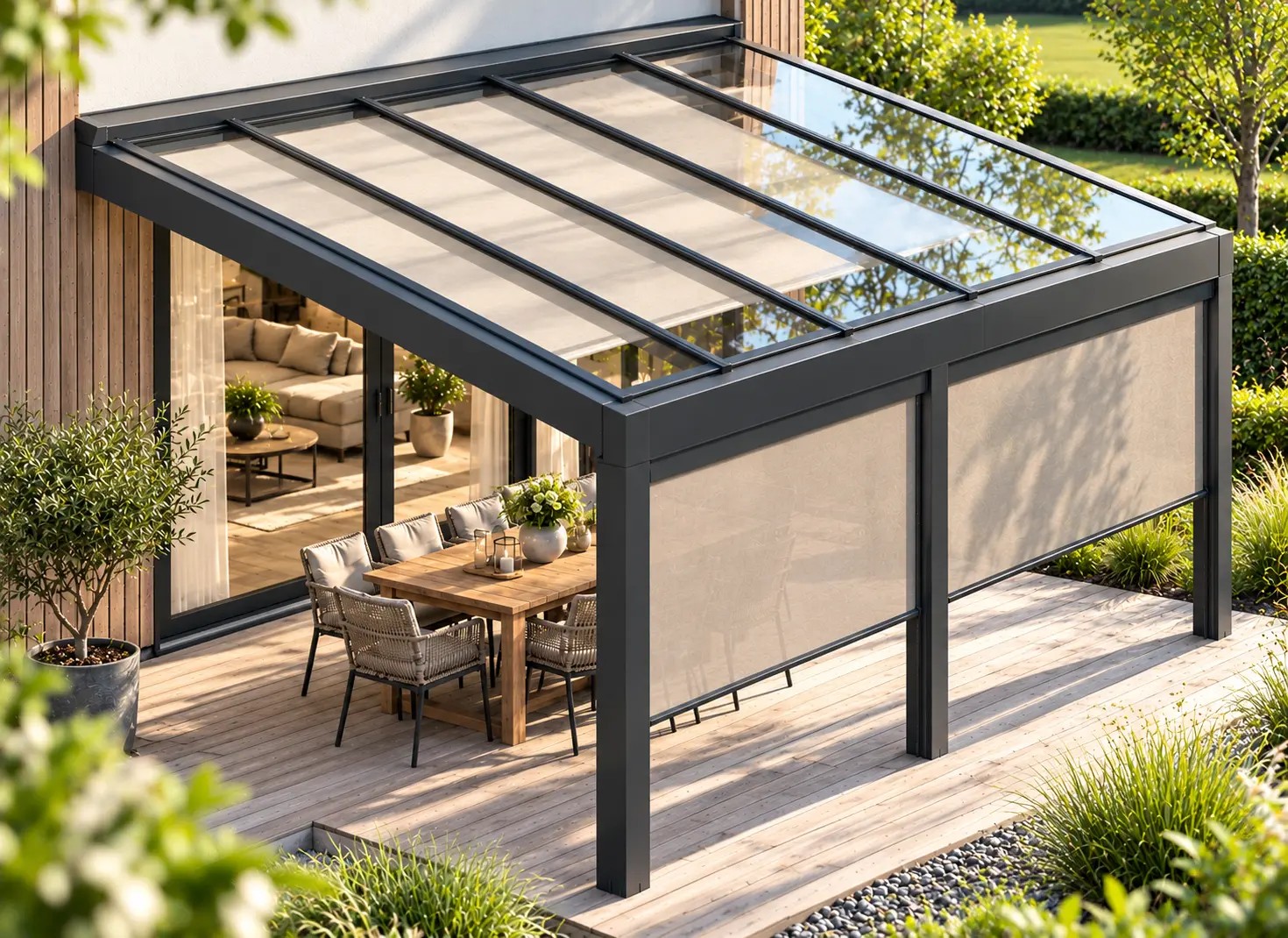 Terrassenüberdachung mit Dachbeschattung und seitlichem Sonnenschutz