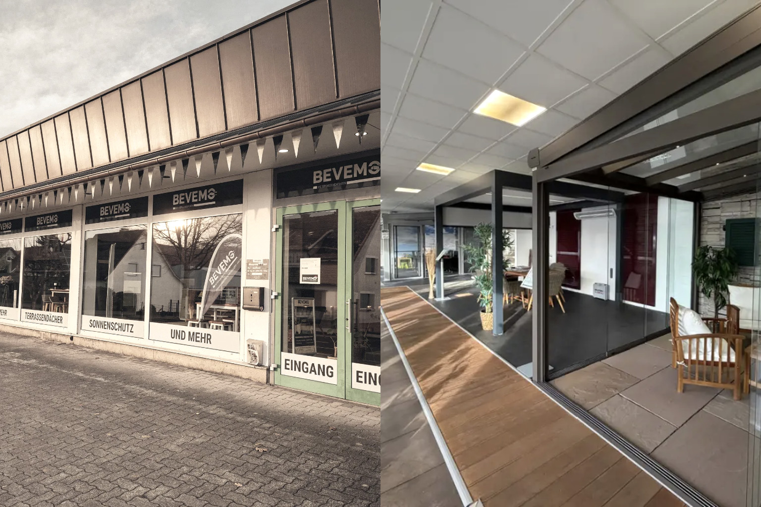 Außen- und Innenansicht der BEVEMO-Ausstellung in Wenden – Showroomgebäude mit Eingang und Terrassendach-Ausstellungen im Inneren