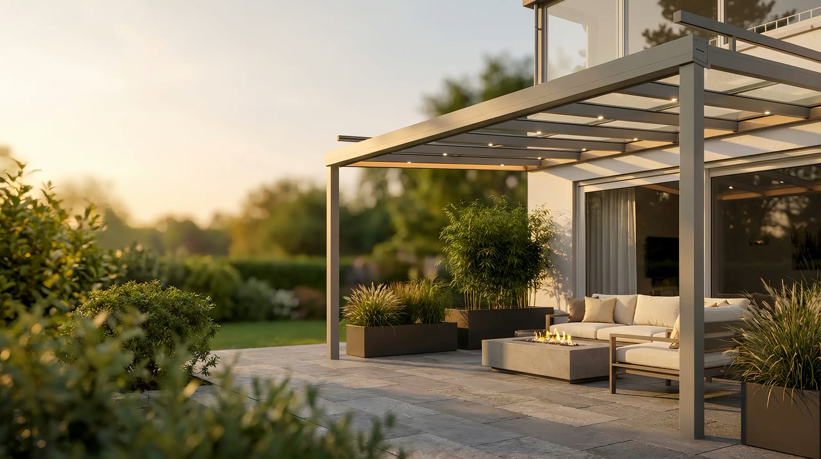 BEVEMO-Terrassenüberdachung mit beleuchteter Sitzgruppe
