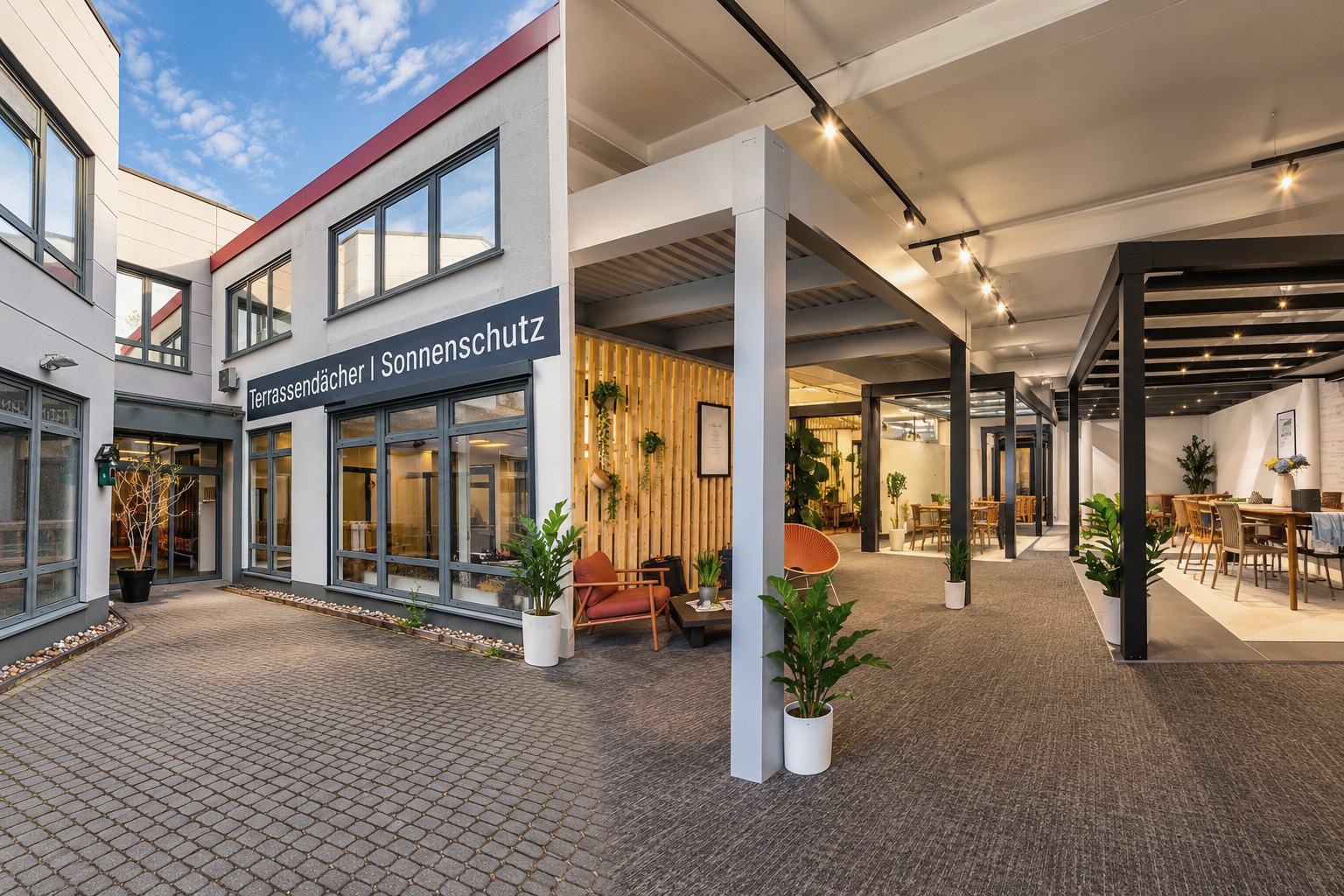 BEVEMO-Ausstellung in Wiehl/Bomig – Außenansicht mit Schild „Terrassendächer | Sonnenschutz“ und Showroom mit Terrassendach-Anlagen